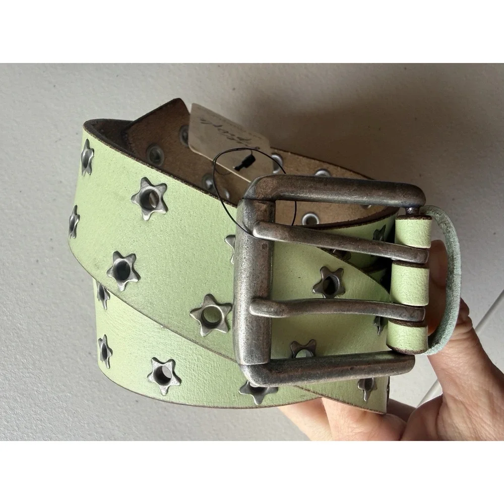 Free People Virgo Leather Belt XL Matcha Green Star Grommet Studded NWT